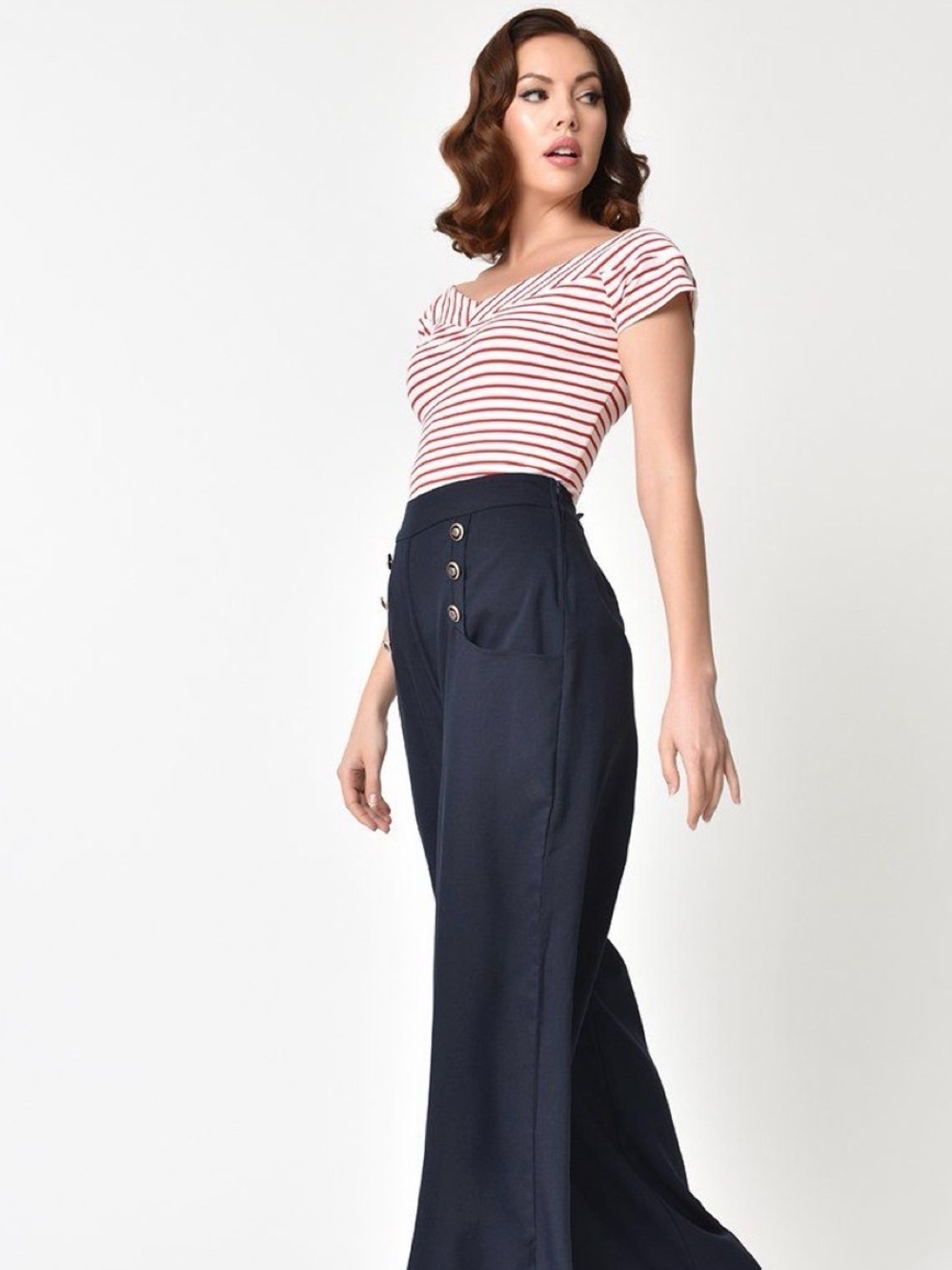 Unique Vintage Navy High-Waist Trousers with Nautical Sailor Buttons Size 4 - Picture 2 of 10